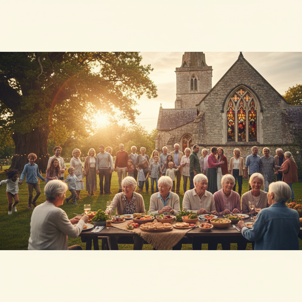 Diverse community gathering in warm golden sunlight outside a historic church — charity and faith-based legal support