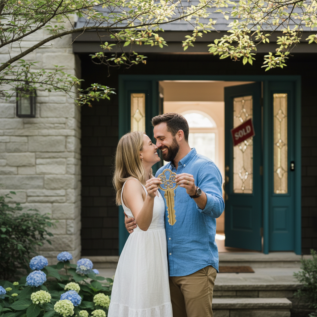 Happy couple holding keys outside their new home — conveying the joy of completing a property purchase