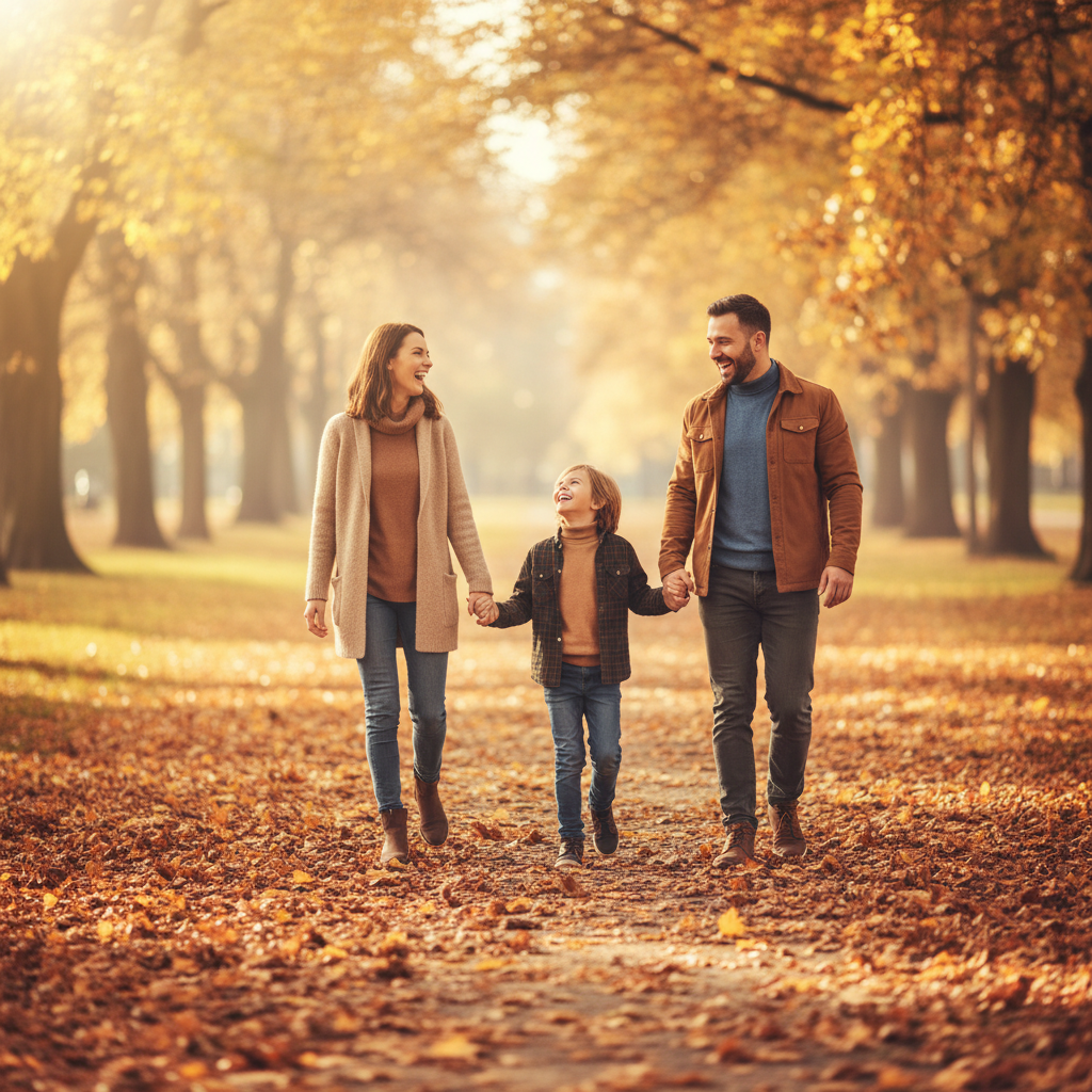 Happy family walking together outdoors in an autumnal park setting, laughing and smiling — conveying the positive outcome PDA Law helps clients achieve
