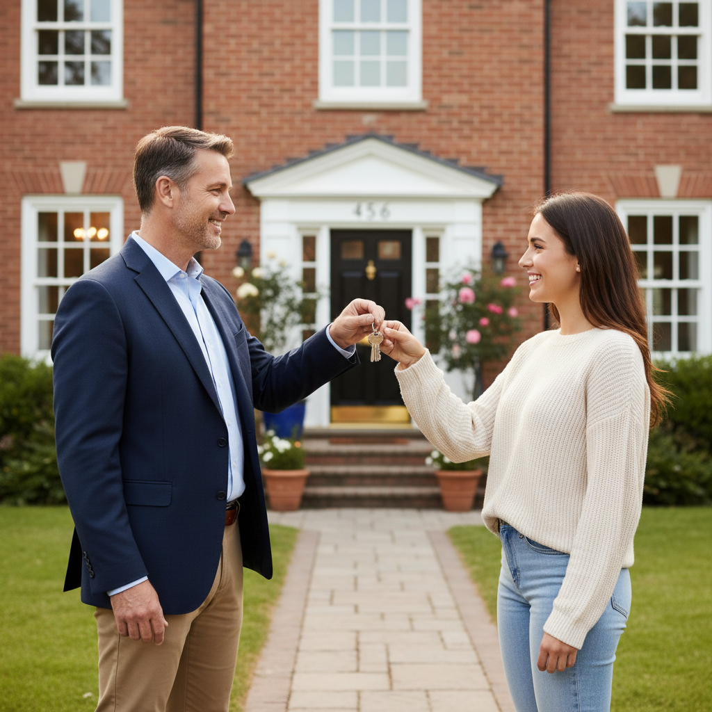 Landlord handing keys to a smiling tenant outside a well-maintained property — conveying a positive professional landlord-tenant relationship